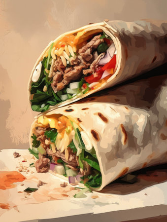 A delicious wrap filled with a mix of hearty beef and crunchy vegetables.. AI generationの素材