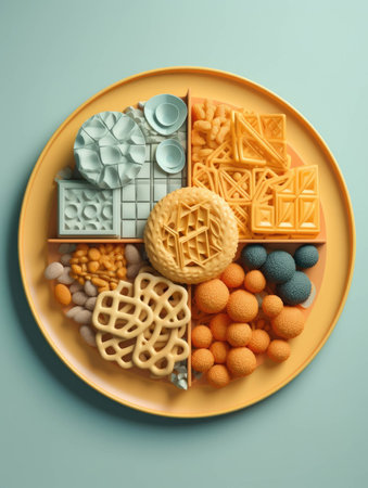 A visually dynamic plate of fresh 3D printed snacks arranged in an extraordinary pattern.. AI generationの素材