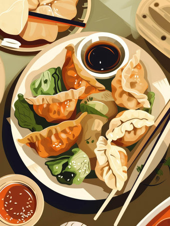 A dish of savory beef and veggie pot stickers fried and served with a light and flavorful dipping sauce.. AI generationの素材