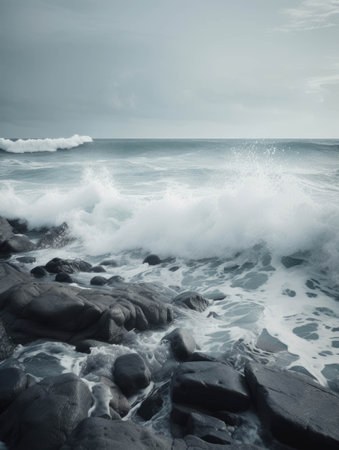 Foamy white waves rolling onto a rocky shoreline.. AI generationの素材