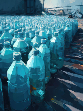 Rows of plastic water bottles abandoned in the sun drying up and becoming brittle.. AI generationの素材