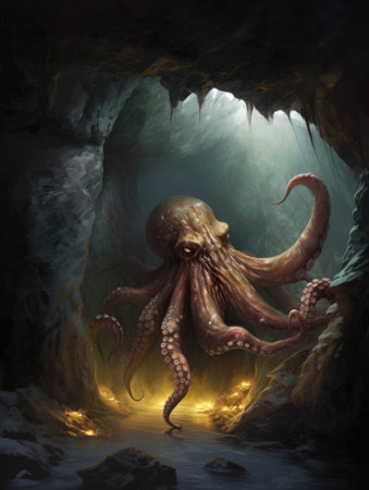 A giant octopus emerging from a cave its tentacles waving lazily in the current.. AI generationの素材