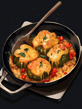 A skillet of cheesy stuffed peppers filled with a sctious meat and veggie filling.. AI generationの素材