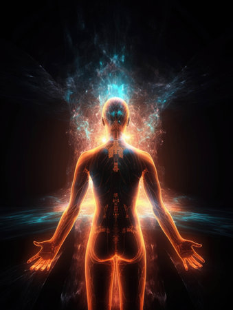 A person with a glowing energy field around them symbolizing the power of transhumanism.. AI generationの素材