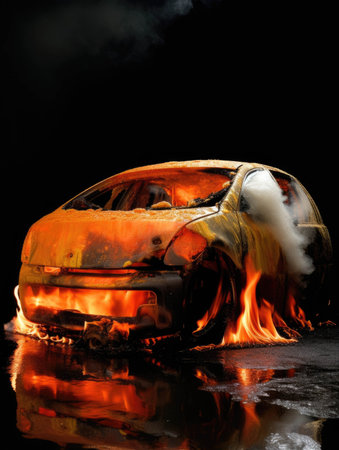 A halfconsumed automobile shell engulfed in an orange blaze.. AI generationの素材