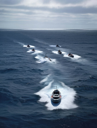 A fleet of zodiacs zipping through the waves searching for signs of life in a vast expanse of ocean.. AI generationの素材