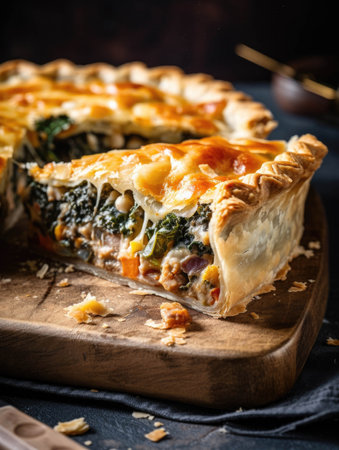 A thick slice of veggie loaded pie oozing with melted cheese on top.. AI generationの素材