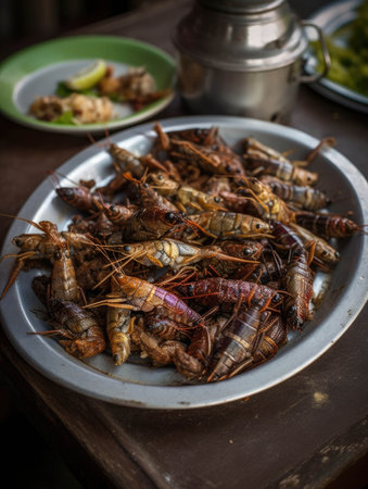 A platter of barbequed grasshoppers and potatoes. AI generationの素材