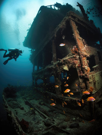 A scuba diver fluttering towards an ancient sunken ship cascades of coral and fish in their wake.. AI generationの素材