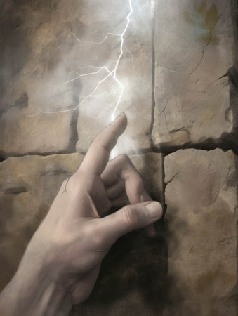 A weathered hand slips a note through a crack in an ancient stone wall a bolt of lightning illuminating the sky above.. AI generationの素材