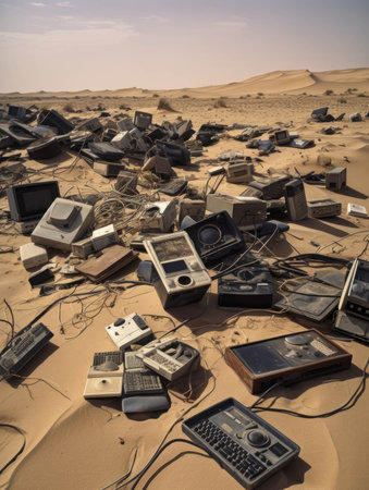 A pile of broken electronic equipment strewn across the desert sand.. AI generationの素材