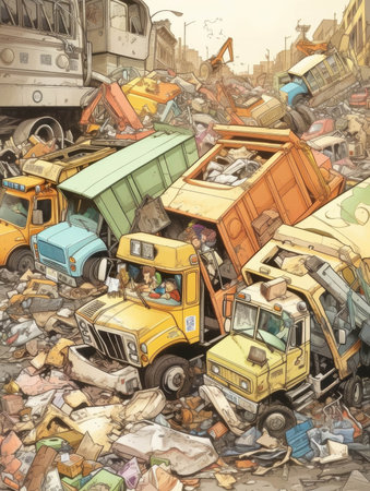 Garbage trucks their metal claws grabbing and crushing whatever they can.. AI generationの素材