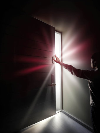 A hand unlocking a heavy steel door with a light emanating from within the shadows.. AI generationの素材