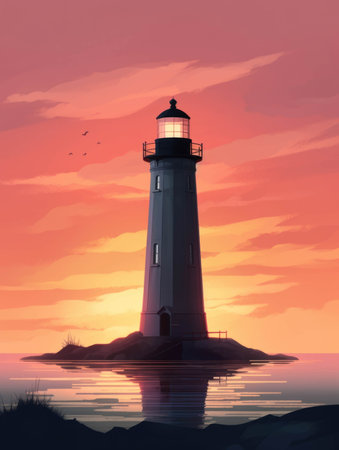 A lighthouse beacon glowing in the fading sunset.. AI generationの素材