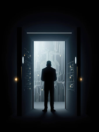 A person stands in a thoughtcontrolled chamber entering commands into a computer interface by thinking the commands.. AI generationの素材