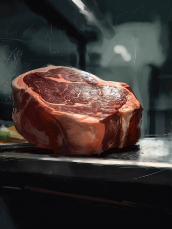 A closeup of a freshly steak with a background of labgrown meatproducing equipment.. AI generationの素材