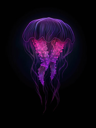 A of jellyfish glowing pink and purple in the darkness of the deep.. AI generationの素材