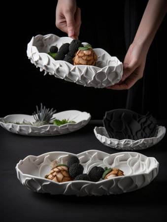 An imaginative selection of 3D printed dishes that transform a meal into a luxurious tasting experience.. AI generationの素材