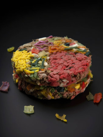A colorful hamburger patty composed entirely of labgrown meat.. AI generationの素材