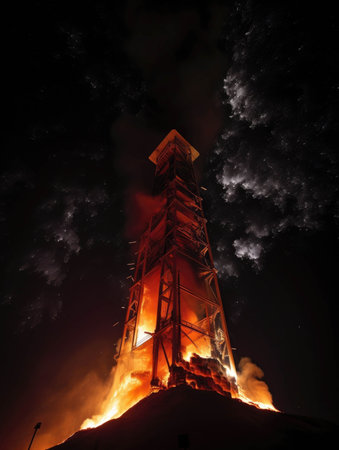 A tower of flame and ash reaching upward a smoky pillar in the night sky.. AI generationの素材