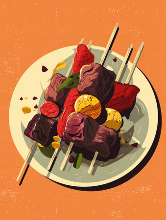 A brightly colored plate of beef and vegetable kebabs cooked to a delicious char.. AI generationの素材