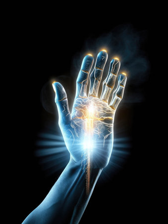 A robotic hand enveloped by a bright aura of energy representing the concept of transhumanism as an evolutionary spiritual force.. AI generationの素材