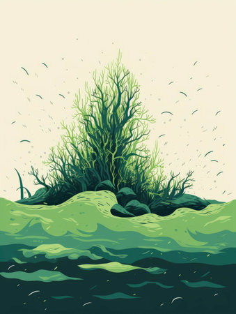 A single sand grain lies amidst a lush sea of vibrant green seaweed.. AI generationの素材
