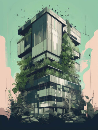 A futuristic building of steel and glass overflowing with lush plants vegetables and herbs.. AI generationの素材