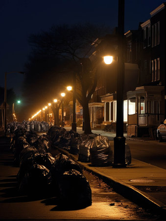 Distant street lights illuminating a black silhouette of towering garbage bags.. AI generationの素材