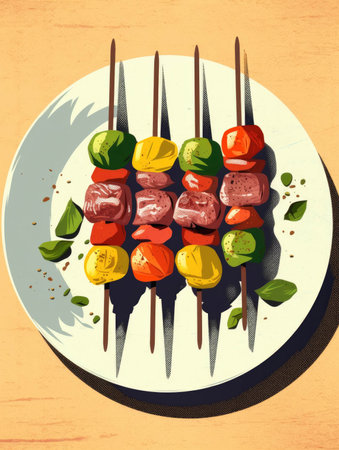 A brightly colored plate of beef and vegetable kebabs cooked to a delicious char.. AI generationの素材