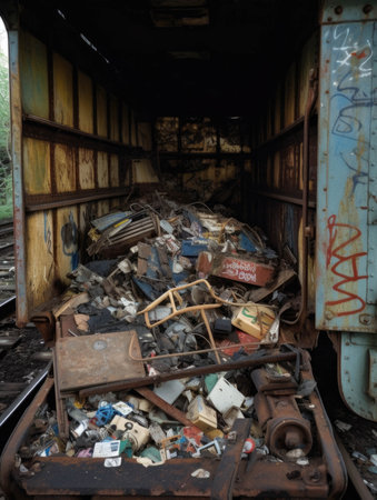 A slovenly bin crammed with the broken pieces of an abandoned dream.. AI generationの素材