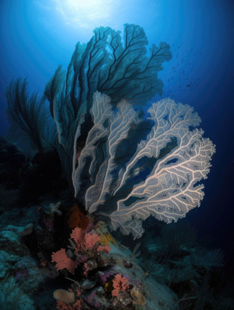 Intertwined celestine sea fans dance gracefully in the current.. AI generationの素材