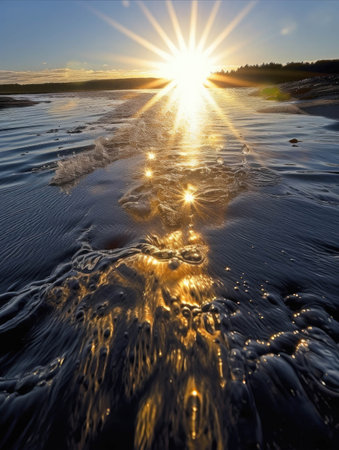 The soft rippling waters are illuminated by the sunâs rays as they dance off microorganisms.. AI generationの素材