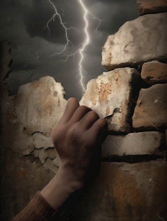 A weathered hand slips a note through a crack in an ancient stone wall a bolt of lightning illuminating the sky above.. AI generationの素材