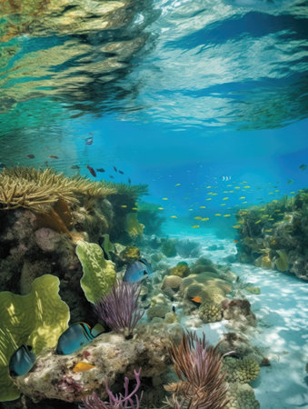 Sparkling turquoise waters are teeming with a vibrant array of exuberant sealife.. AI generationの素材