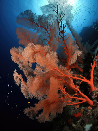 Intertwined celestine sea fans dance gracefully in the current.. AI generationの素材