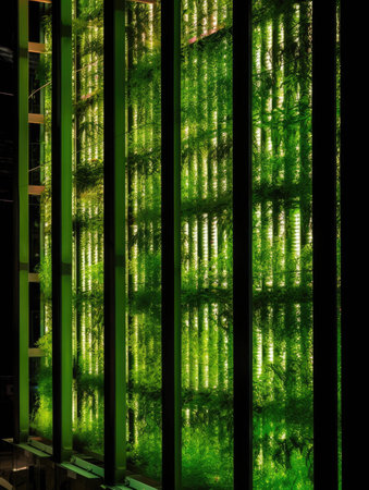 A single window close up revealed to be part of a magnificent wall of the vertical farm illuminated from within.. AI generationの素材