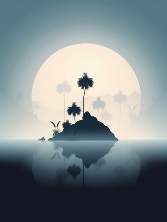 The foggy silhouette of a distant tropical island.. AI generationの素材