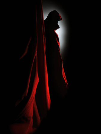 A pair of red eyes peering out from a dark cloak the silhouette of a figure looming in the shadows.. AI generationの素材