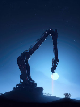 A large robotic arm hovering in a starlit sky representing the potential for human enhancement in the years to come.. AI generationの素材