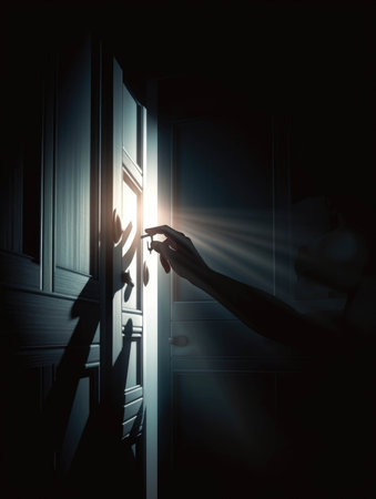 A hand unlocking a heavy steel door with a light emanating from within the shadows.. AI generationの素材