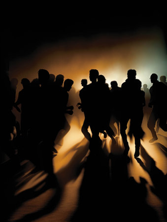 A group of silhouette figures are seen fleeing a beam of blinding light their outlines blurring as they run.. AI generationの素材