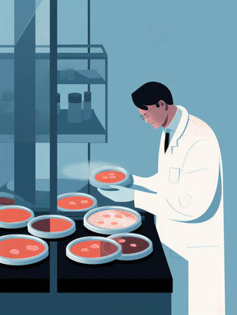 A scientist carefully monitoring a petri dish containing labgrown meat.. AI generationの素材