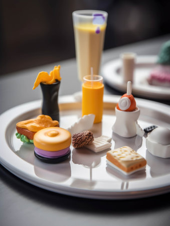 A composed meal of 3D printed foods that look like mini sculptures awing the diner with its unique presentation.. AI generationの素材