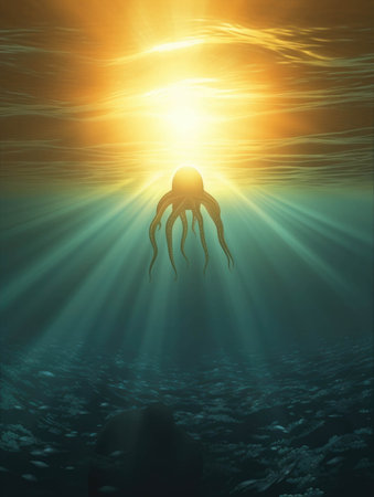 The sunâs light reflects off a mysterious alienlike creature deep within the ocean.. AI generationの素材