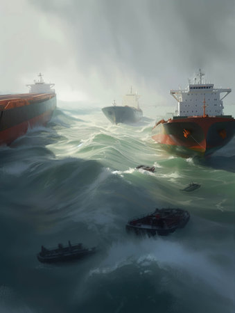 Tugs and rescue vessels attempting to haul a massive tanker back to safety as it slowly sinks in a raging sea.. AI generationの素材
