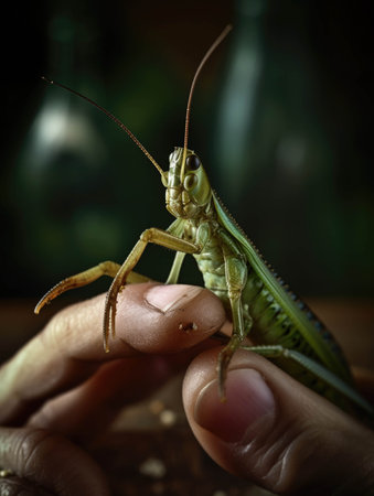 A closeup of a person holding a juicy grasshopper on a fork. AI generationの素材