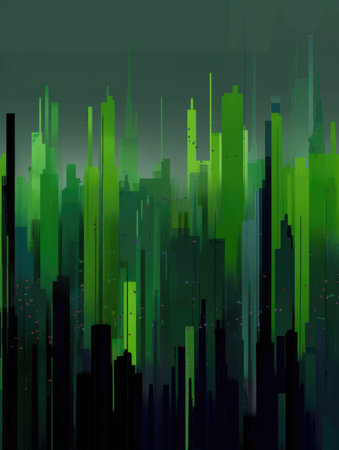An otherwise gloomy city skyline contrasted by vibrant vertical plots of green.. AI generationの素材
