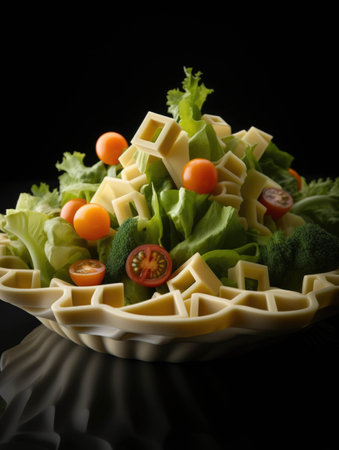 Interlocking 3D printed shapes resembling a futuristic salad thats become a popular culinary statement.. AI generationの素材