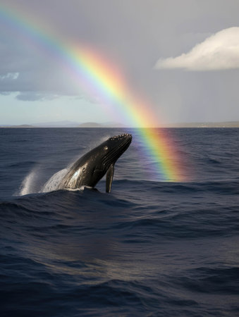 A whale breaching the deep seas surface a rainbow of light reflecting off its body.. AI generationの素材